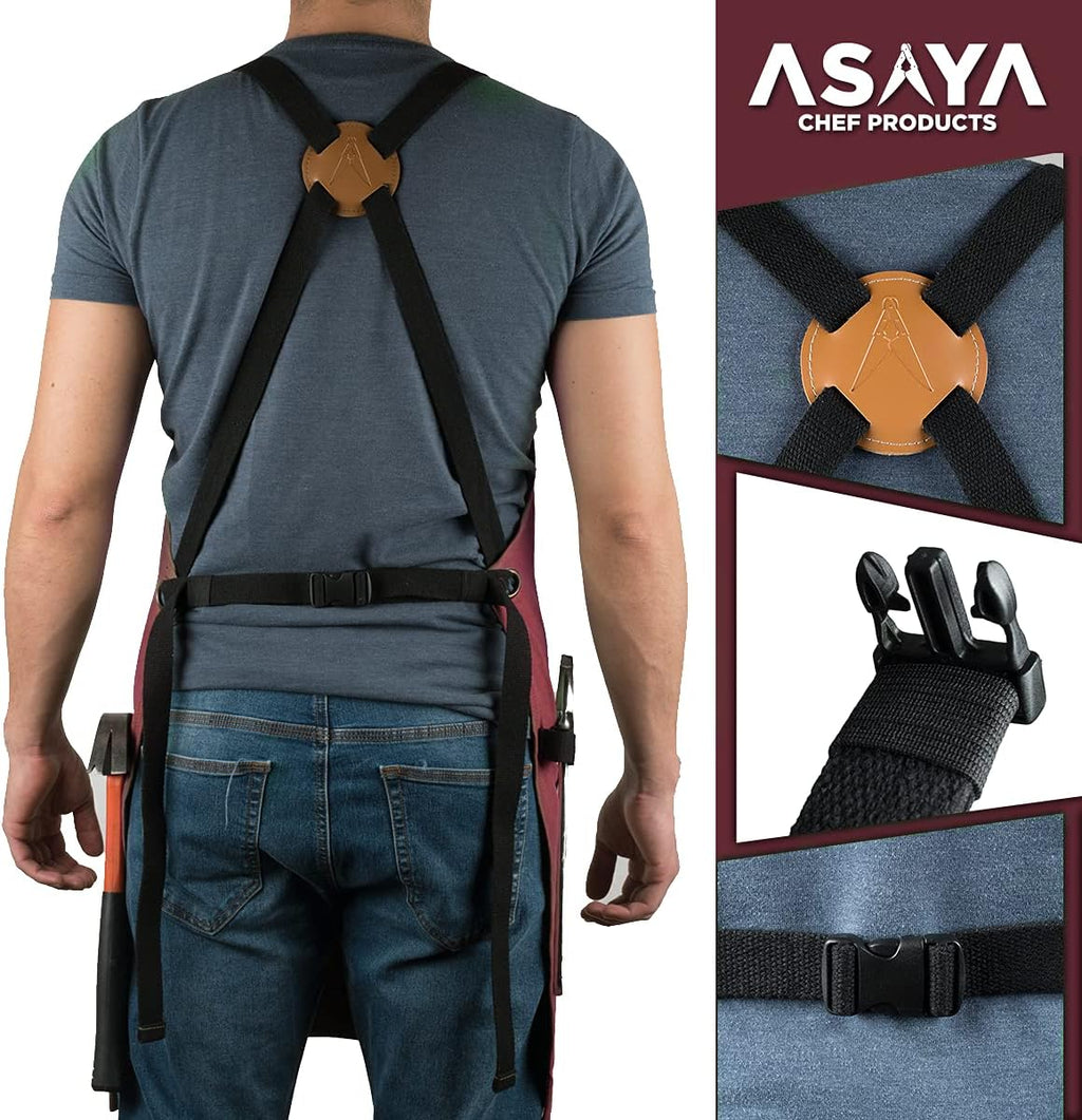 Asaya Chef and BBQ Apron with Bottle Opener and Hand Towel - 10oz Cotton Canvas, Stainless Steel Hardware - Cross Back Straps