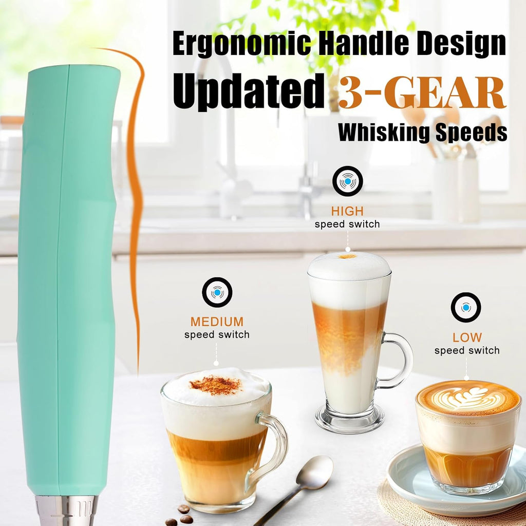 Nahida Baby Blue Milk Frother Wand for Coffee, Frother Handheld Rechargeable Electric Whisk with 3 Heads 3 Speeds Drink Mixer Coffee Frother Foam Maker For Latte, Cappuccino, Hot Chocolate, Egg