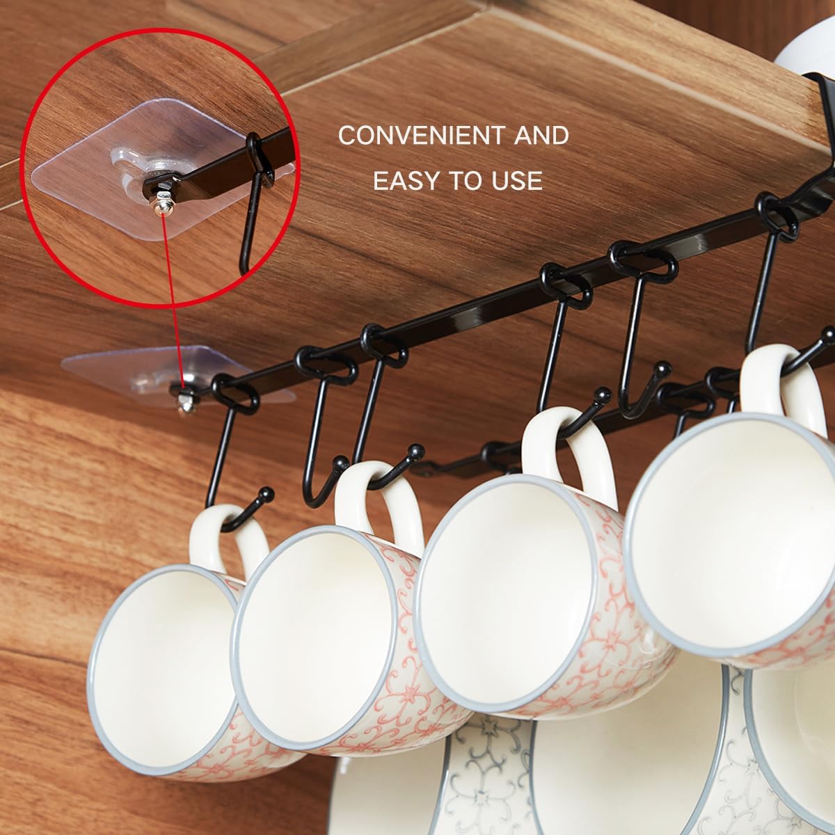 Mug Rack Under Cabinet - Coffee Cup Holder, Each Bracket is Equipped with 6 and Adjustable Position of The Hook, Display Hanging Cups Drying Hook for Bar Kitchen Utensils Black 2 Sets
