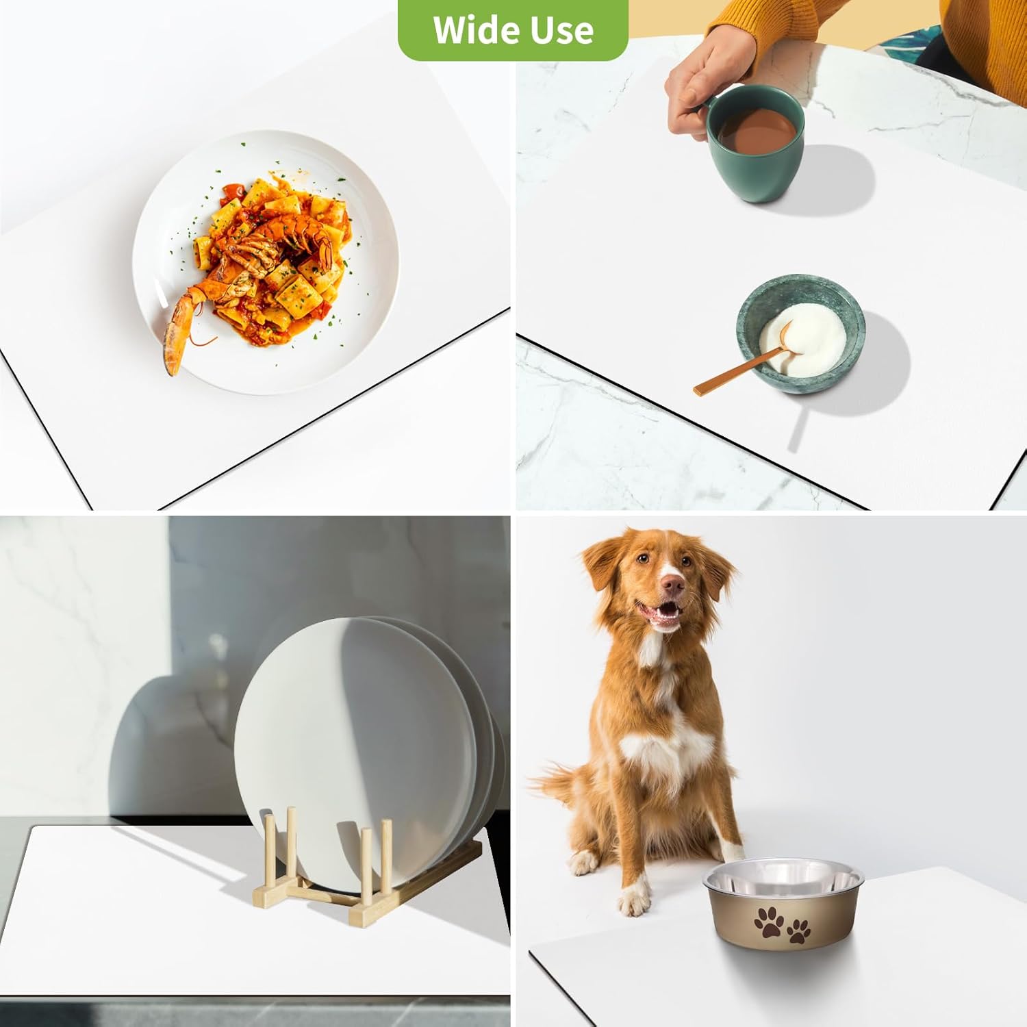 Matace Designer Coffee Bar Mat, Extra Large 17 x 31.5 Inches, Rubber Backing, Absorbent Coffee Maker Mats for Dish Drying, Kitchen Countertop, Heat Resistant, Solid White