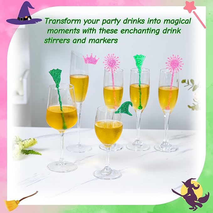 20 Pack Pink and Green Party Decrations, Princess and Witch Party Accessories, Green Witch Broomstick and Glitter Pink Princess Wand Cocktail Stir Sticks for Themed Parties (Drink Stirrers)