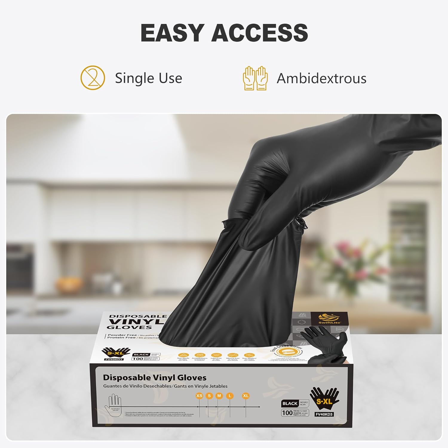 Black Vinyl Gloves, Food Grade Gloves Disposable Latex Free & Powder Free, Guantes for Cleaning Cooking Food Prep