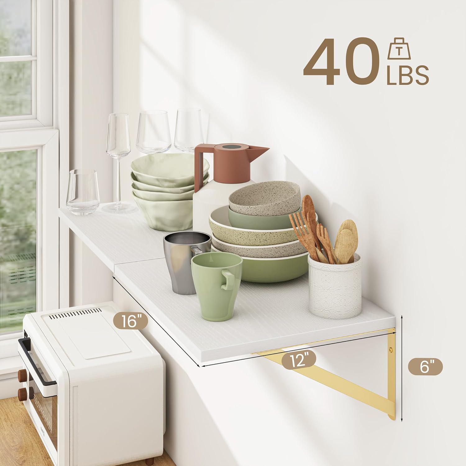 Dreamland Gold Floating Shelves for Wall, Gold Wall Shelf, Large Floating Shelf 12 * 16 inch Set of 2 for Bookshelf Living Room Bedroom Home Office Bathroom