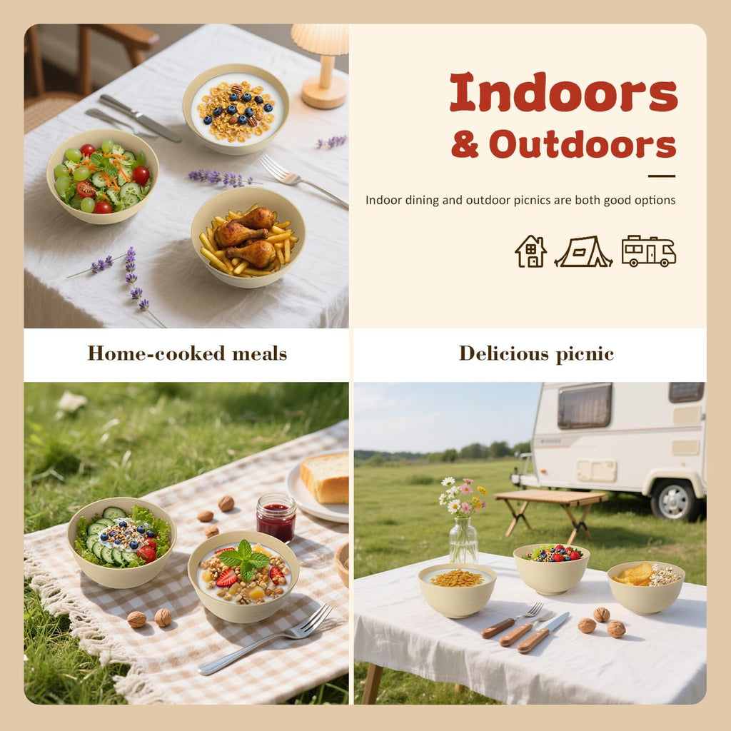 6-piece Wheat Straw Bowls sets 26oz,Alternative Plastic Bowls Reusable for indoors and outdoors,Microwave-able and Dishwasher Safe Bowls Sets Easy to Clean.Beige Series