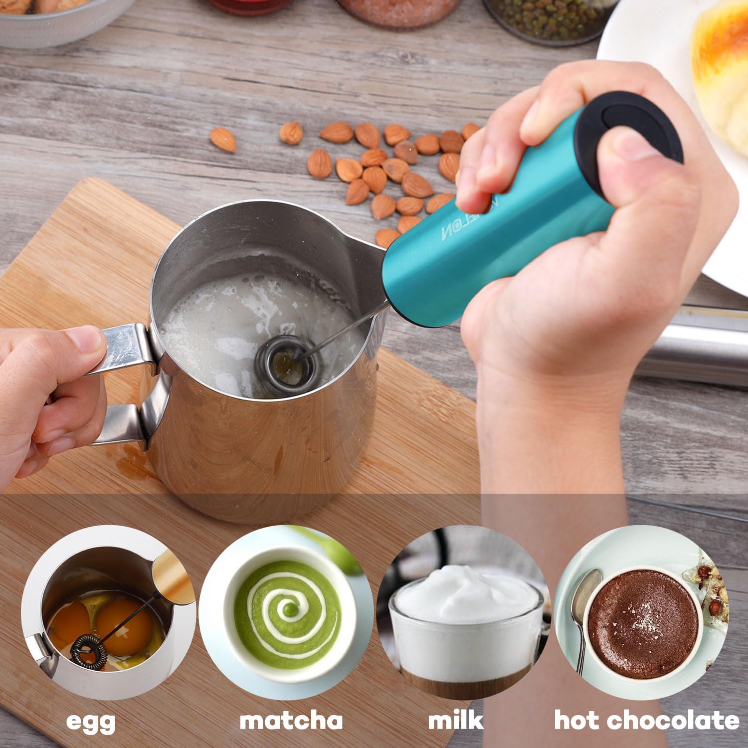 Rechargeable Milk Frother Handheld Electric Frother Wand Milk Foamer Drink Mixer for Coffee, Lattes, Cappuccino, and Egg, Stainless Steel for Travel-Light Blue