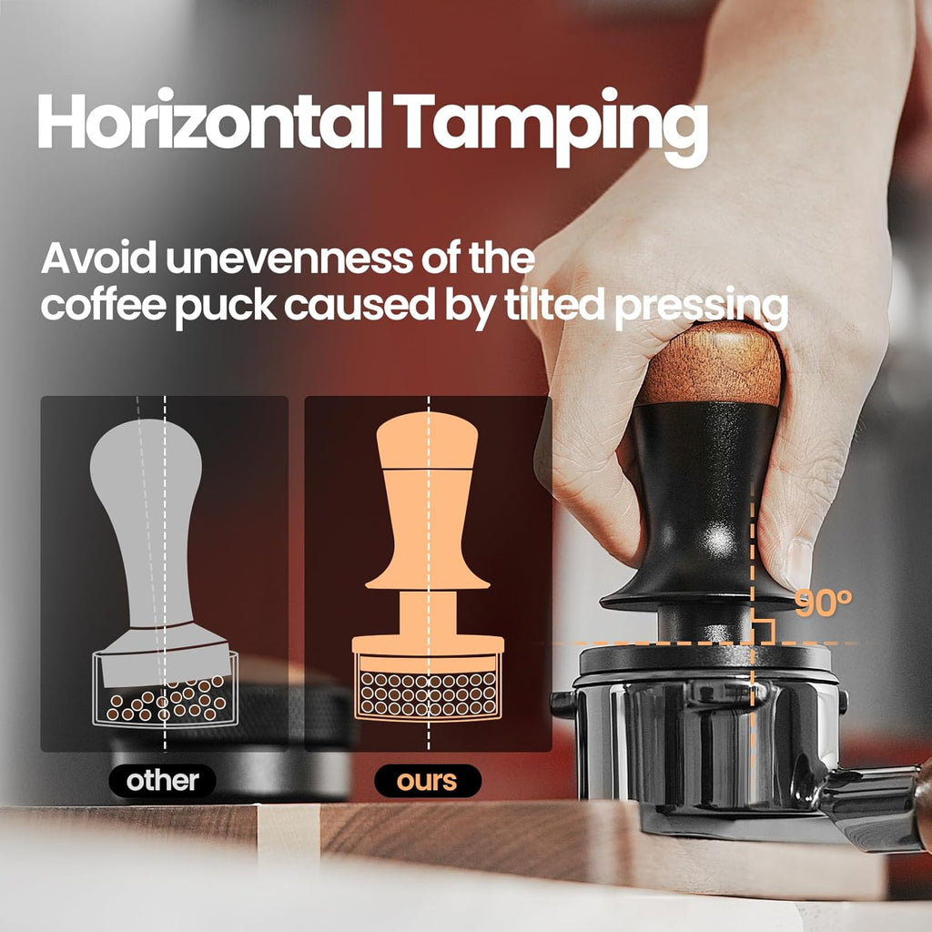 MHW-3BOMBER 54mm Espresso Tamper, Double Spring Loaded Tamper, Self Leveling without Tilting, 53mm Coffee Tamper with Wood Cover, 53.35mm Ripple Base, T7127