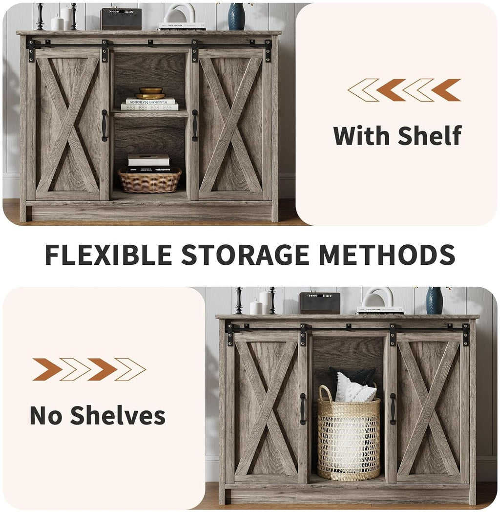 4 EVER WINNER Farmhouse Coffee Bar Cabinet with Sliding Barn Door, 42” Coffee Bar Table with Adjustable Shelves, Buffet Cabinet with Storage for Kitchen Living Dining Room, Wash Grey
