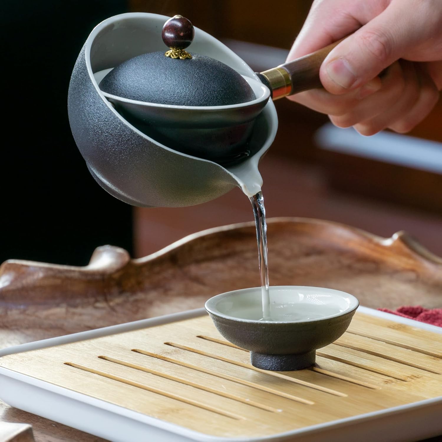 LURRIER Porcelain Chinese Gongfu Tea Set,Portable Teapot Set with 360 Rotation Tea maker and Infuser,Portable All in One Gift Bag for Travel,Home,Gifting,Outdoor and Office (Black)