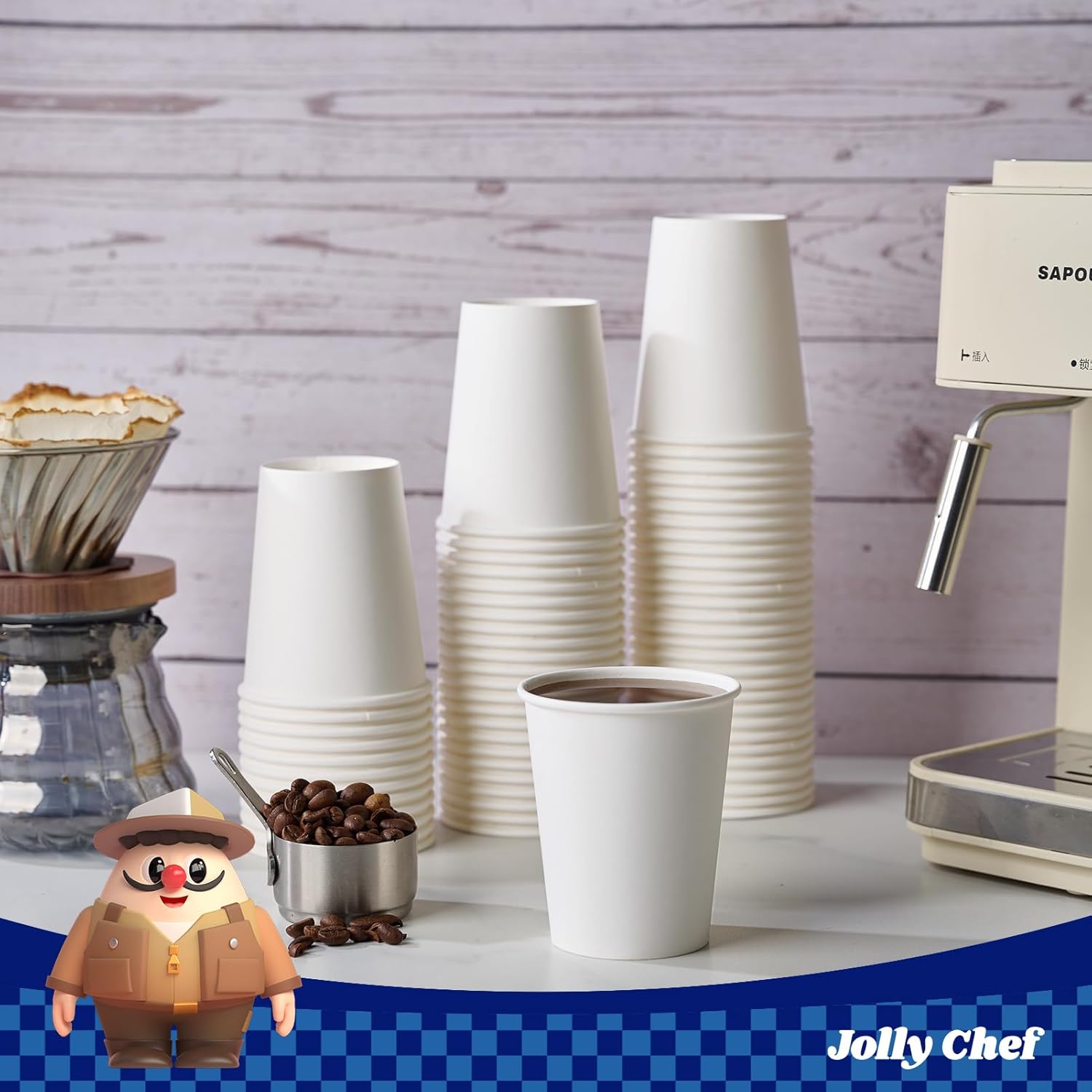JOLLY CHEF 400 Pack 8 oz Paper Coffee Cups, White Beverages Drinking Cups for Coffee, Water Juice or Tea, Suitable for Party, Picnic, Travel, and Events