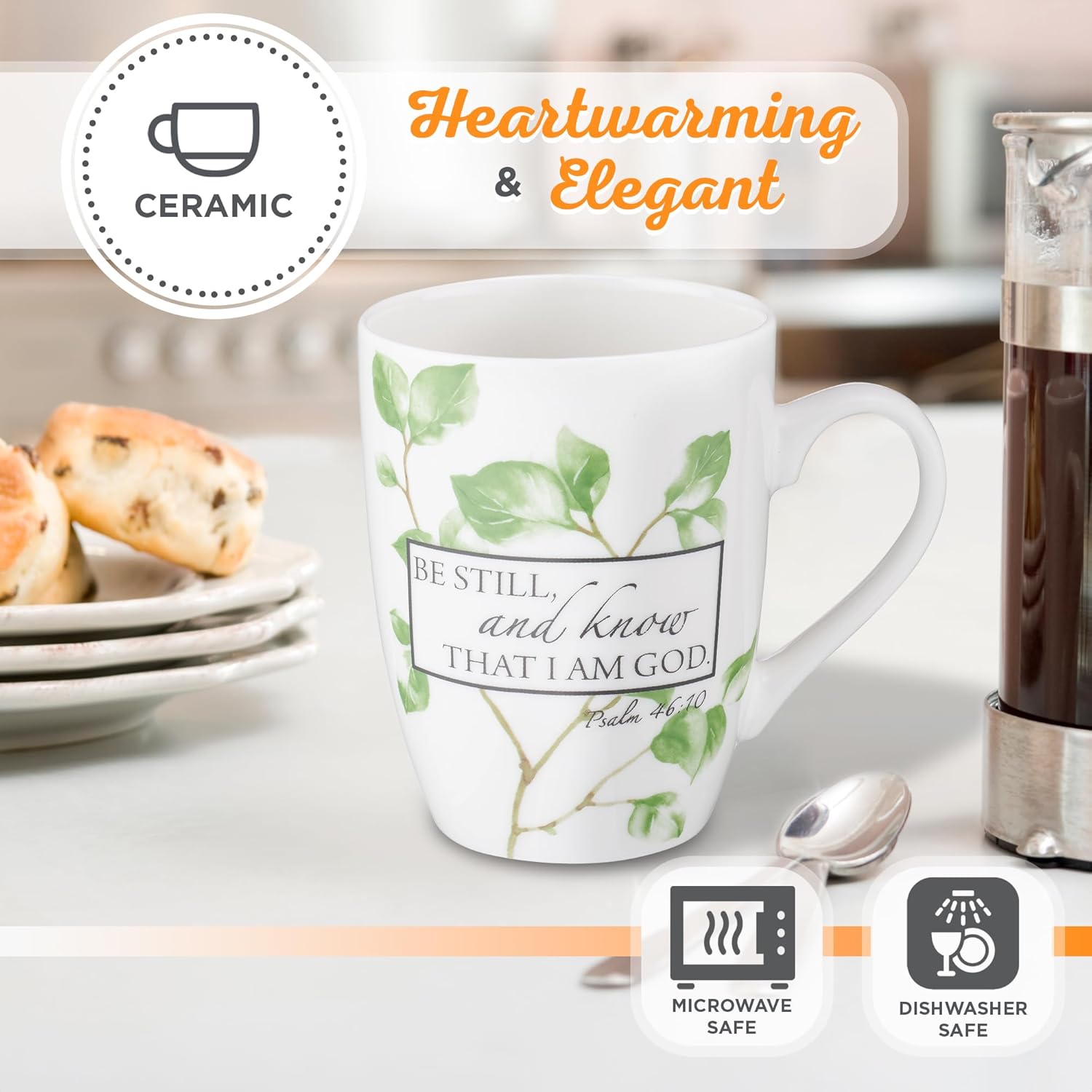 Christian Art Gifts Encouraging Scripture Ceramic Coffee & Tea Mug for Women: Be Still & Know Bible Verse Psalm, Inspirational Microwave/Dishwasher Safe Drinkware, White & Green Leaf Branches, 12 oz.