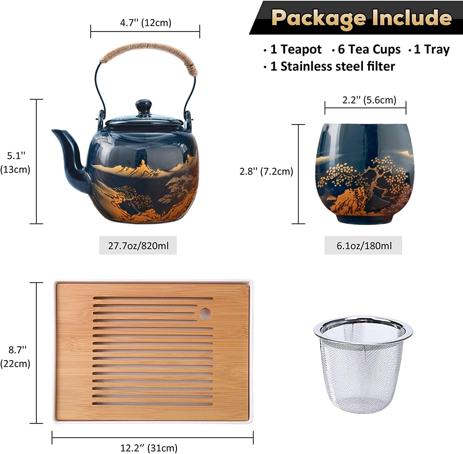 Japanese Tea Set, Black Glazed Tea Set in Gift Box With 1 Teapot, 1 Tea Strainer, 1 Tea Tray and 6 Tea Cups. Ideal Tea Set for Office Home, Asian Tea Sets for Tea Lovers(Landscape Blue)