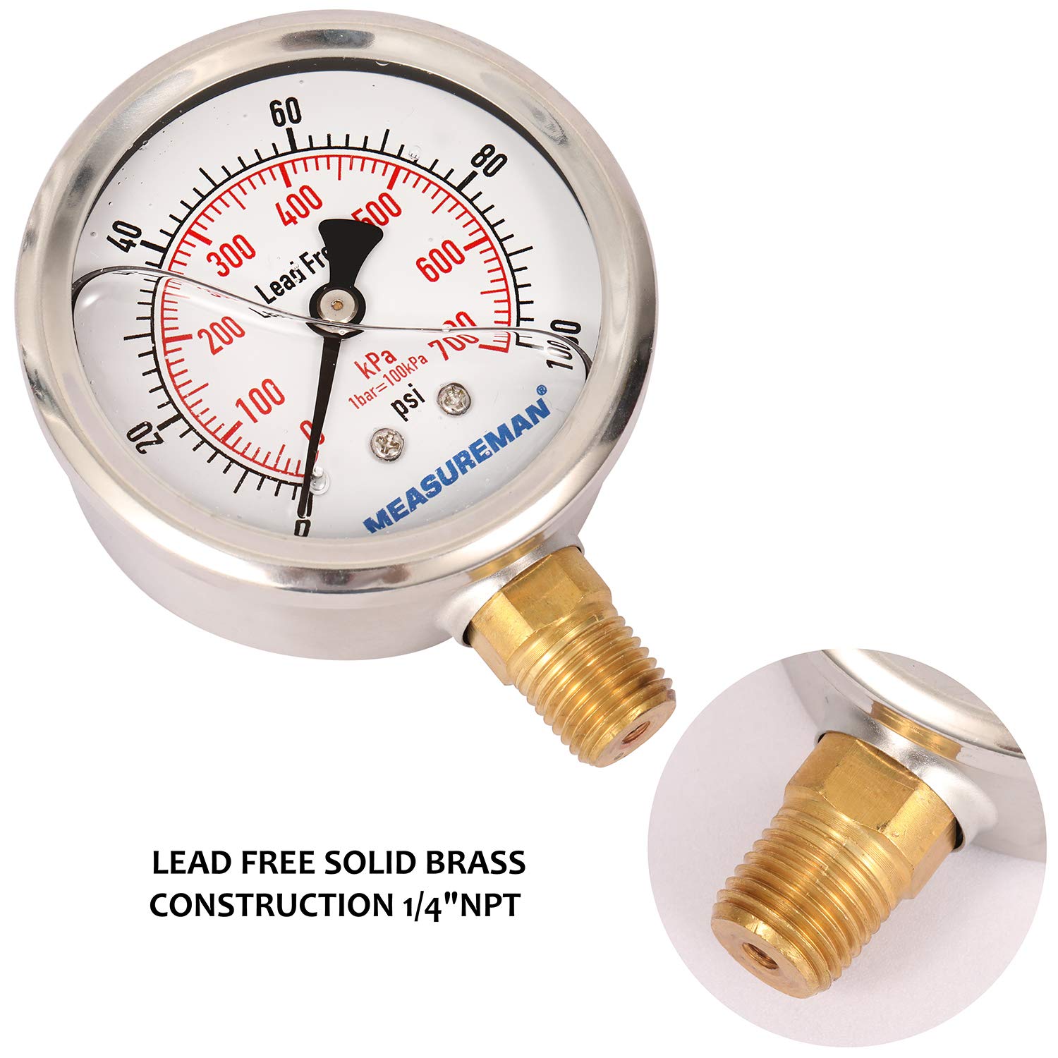 MEASUREMAN Lead-Free Pressure Gauge, 2-1/2inch Dial, Glycerin Filled, 0-100psi/kpa, Stainless Steel Case, 1/4inchNPT Lower Mount