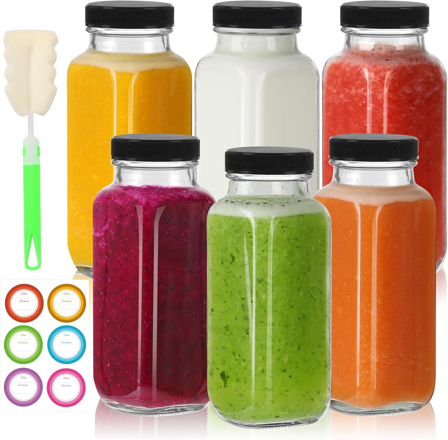 8 oz Glass Juice Bottles with Lids 6 Pack,Reusable Glass Drink Bottles,250ml Water Drinking Jars for Milk,Juicing,Kombucha,Ginger,Beverage Glassware,Juice Drinking Jars
