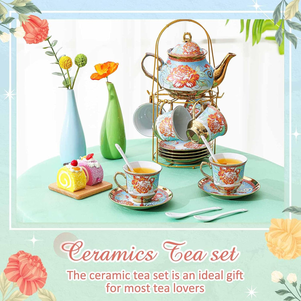 Zhehao 20 Pcs Porcelain Tea Set with Metal Holder and Spoon Adult Ceramic Tea Party Set European Flower Painting Teapot Cup Saucer Spoon Set for Women, Large Version(Retro Style)