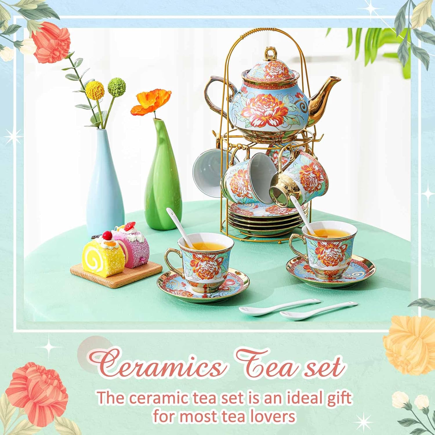 Zhehao 20 Pcs Porcelain Tea Set with Metal Holder and Spoon Adult Ceramic Tea Party Set European Flower Painting Teapot Cup Saucer Spoon Set for Women, Large Version(Retro Style)