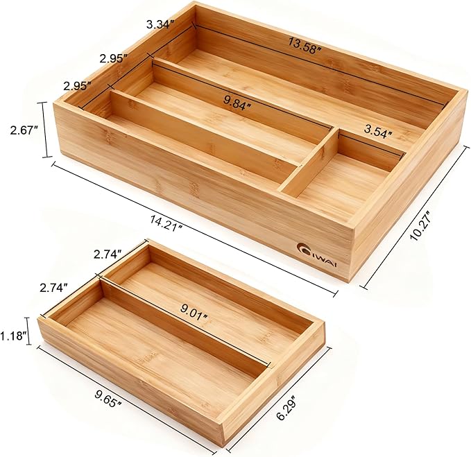 2-Tier Drawer Organizer with Removable Cutlery Tray Kitchen Utensil Silverware Drawer Organizer, Silverware Tray for Drawer Utensil Holder Bamboo Flatware Box for Utensils Stationery Cosmetics (M)