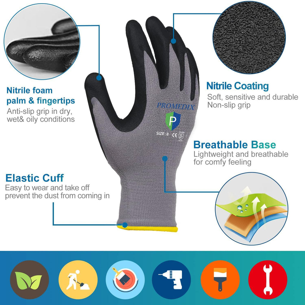 PROMEDIX P Nitrile Coated Work Gloves,MicroFoam Safety Work Gloves Men,Seamless Knit Nylon&spandex Gloves with Grip