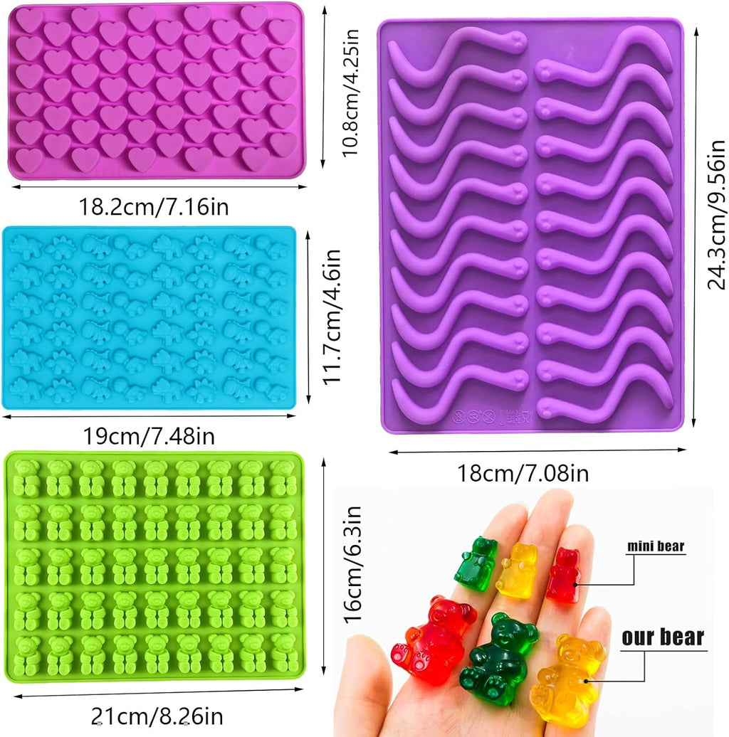 Gummy Candy Molds - Silicone Gummy Bear/Dinosaur/Hearts/Gummy Worm Mold for Kids with 2pcs Dropper,Non-stick and Bpa Free for Mini Candy Chocolate Gummies Baking