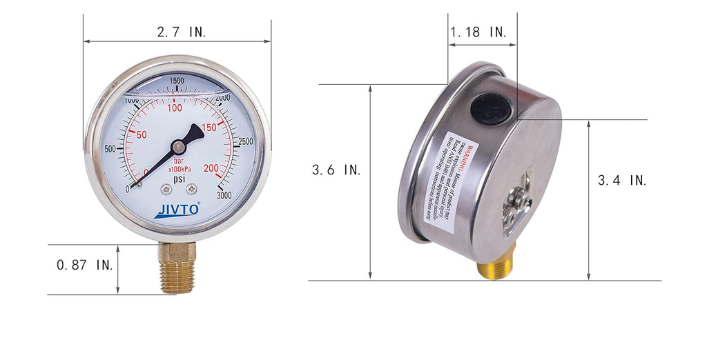 Pressure Gauge,Glycerin Liquid Filled,2.5" Dual Scale Dia,0-3000 psi/bar/kpa,1/4" NPT Male Brass Connection,Lower Mount, Stainless Steel Case,for Pneumatic,Pump,Hose,Well Tank,Gas Air Water Oil