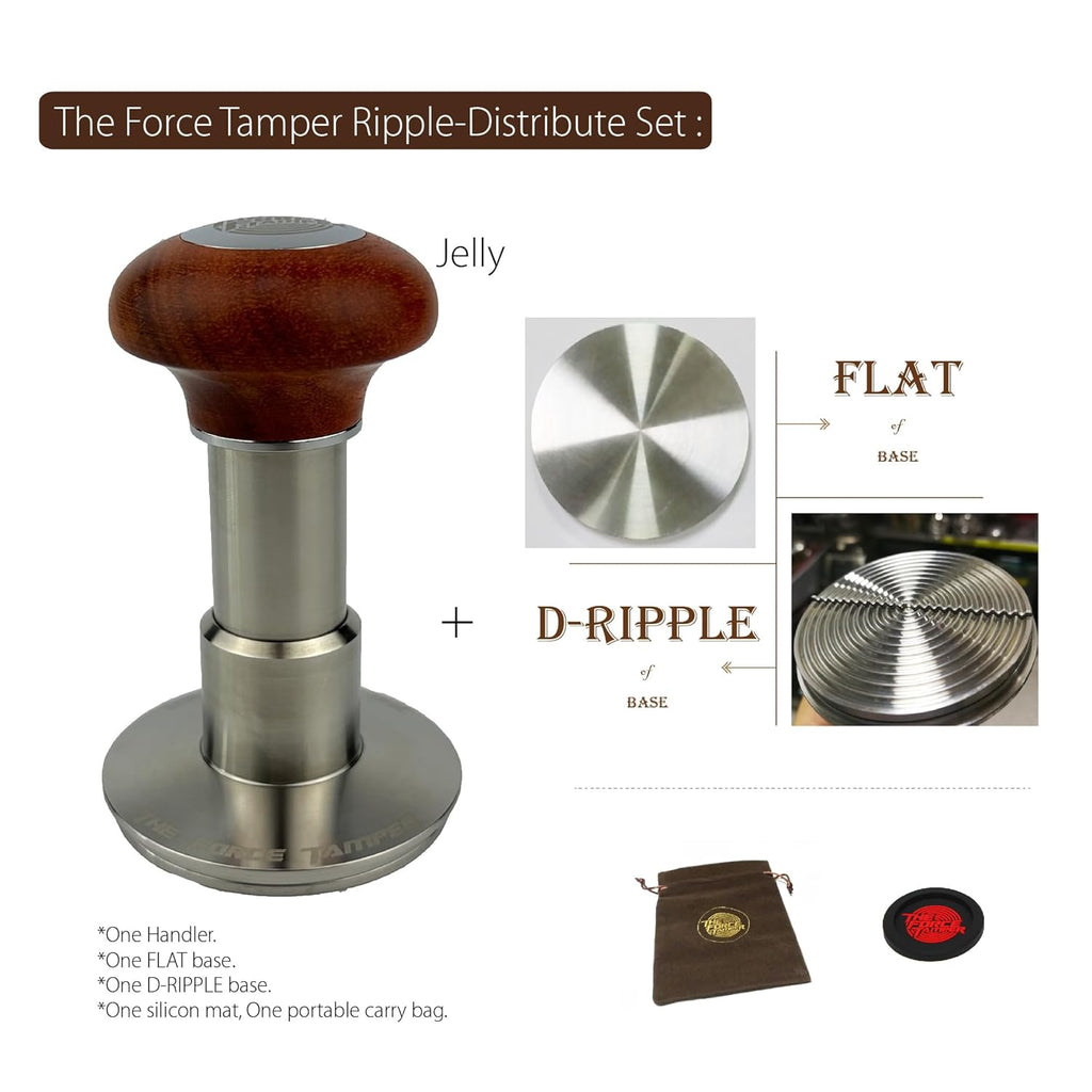 The Force Tamper Automatic Impact Adjustable Constant Pressure and Autoleveling Coffee Tamper Reddish Brown Jellyfish Wooden Handle Set Pro (Ripple-Distribute Set, 54.00mm)