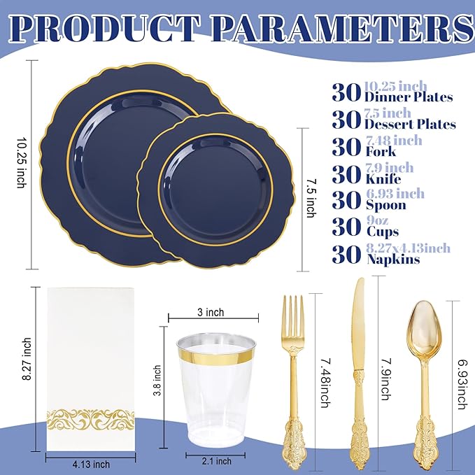 KIRE 210Pcs Navy Blue Plastic Plates - Blue Plates Disposable - 30guest Baroque Plastic Dinnerware for Hanukkah/Upscale Wedding/Parties