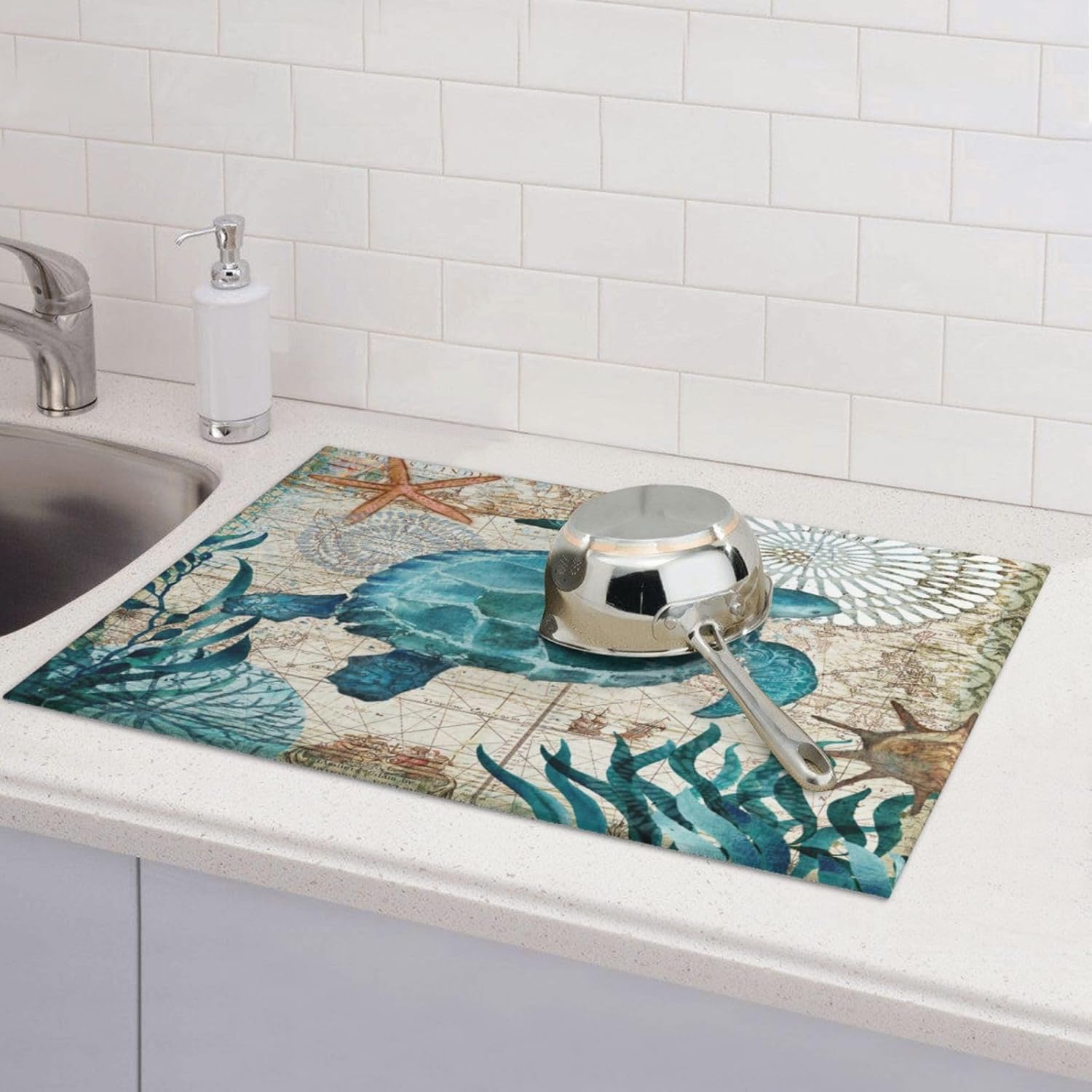 Ocean Sea Turtle Dish Drying Mat for Kitchen Counter 18x24 in, Retro Map Microfiber Drying Mats Absorbent Reversible Dish Pad Large Dish Draining Mat Fast Dry Kitchen Accessories
