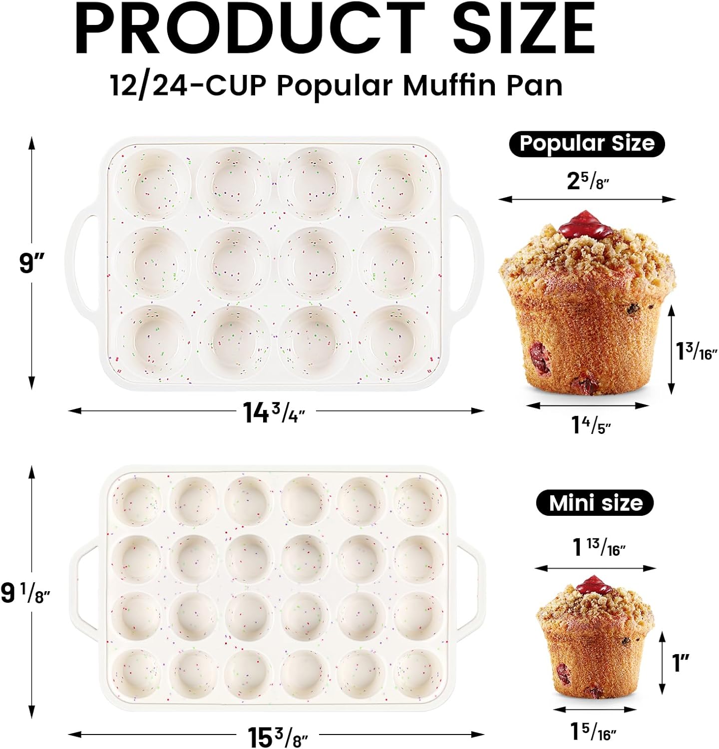 Vinino 2Pack Silicone Muffin Pan for Baking with Metal Reinforced Frame, Regular 12 Cup and Mini 24 Cup Nonstick Cupcake Pan Set, BPA Free Silicone Muffin Tray Molds for Oven Dishwasher Safe