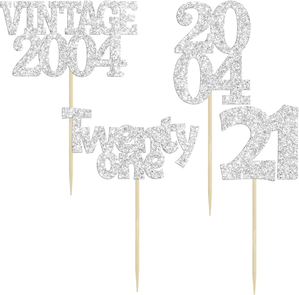 Gyufise 24Pcs 21st Birthday Cupcake Toppers Glitter Twenty-one Vintage 2004 Hello 21 Years Birthday Cupcake Picks Cheers to 21 Cake Decor for Happy 21st Anniversary Party Supplies Silver