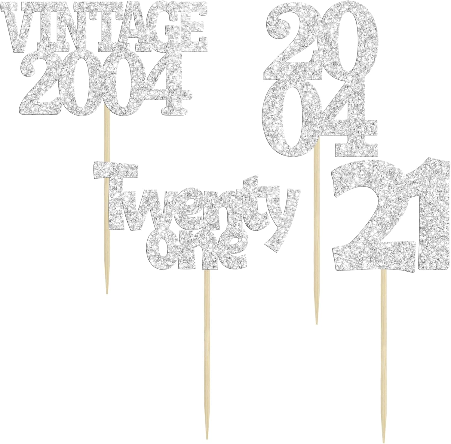 Gyufise 24Pcs 21st Birthday Cupcake Toppers Glitter Twenty-one Vintage 2004 Hello 21 Years Birthday Cupcake Picks Cheers to 21 Cake Decor for Happy 21st Anniversary Party Supplies Silver