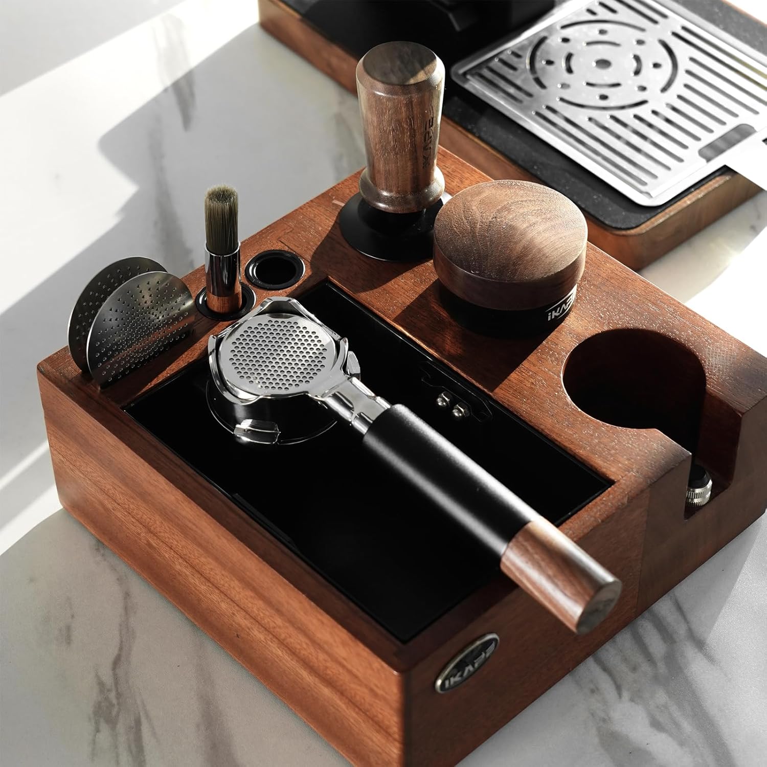IKAPE V2 Espresso Knock Box, Espresso Coffee Organizer Box Fit for Storage 51 to 58MM Espresso Tamper, Distributor, Portafilter & Puck Screen Accessories, Natural Walnut Station Base (8 IN One)