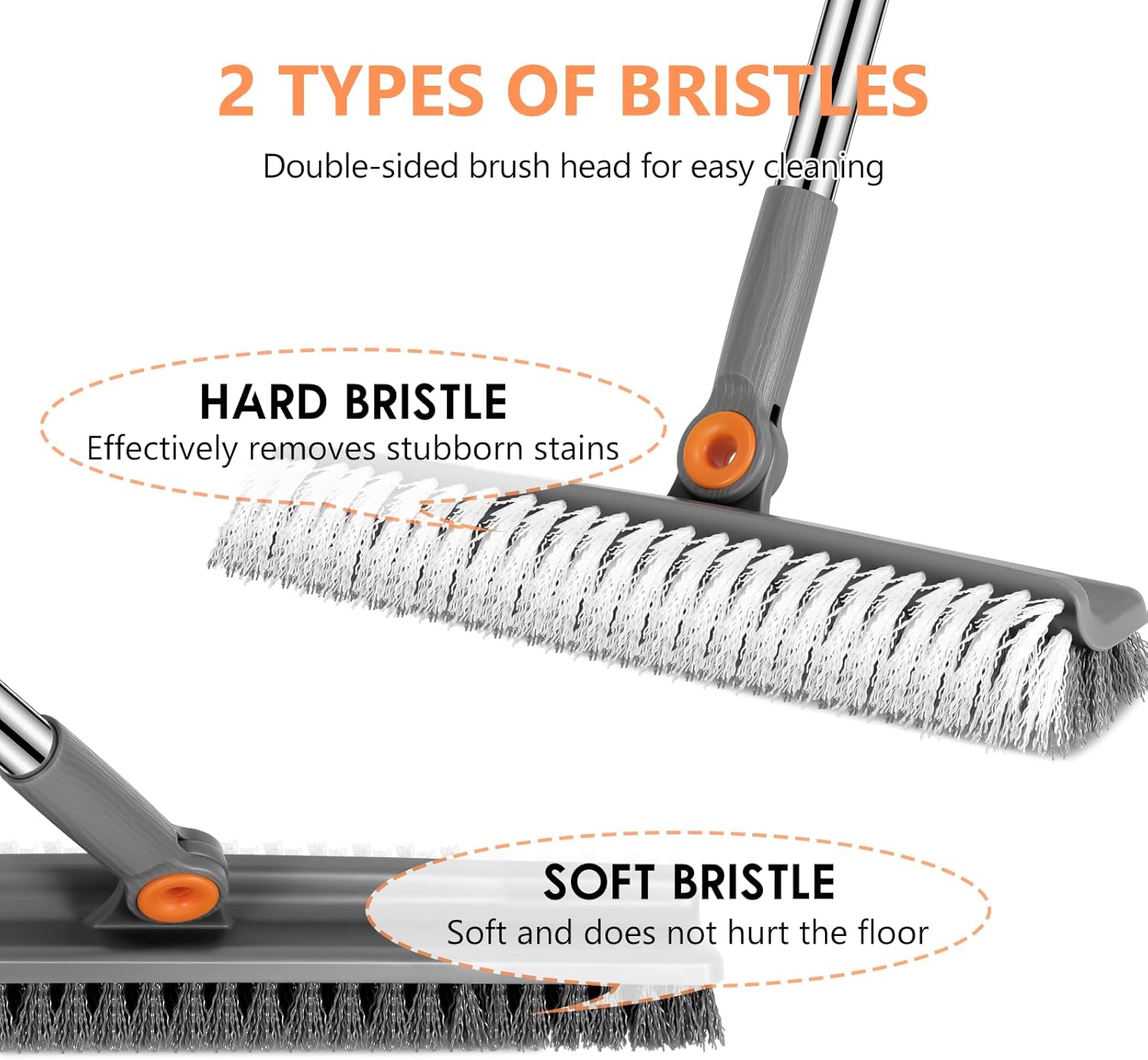 Large Double-Sided Floor Scrub Brush, Long Adjustable Handle Floor Scrubber 180° Rotating V-Shaped Heavy-Duty Shower Cleaning Brush No Scratches Suitable for Floor, Tile, Tub, Bathroom, 12.5IN