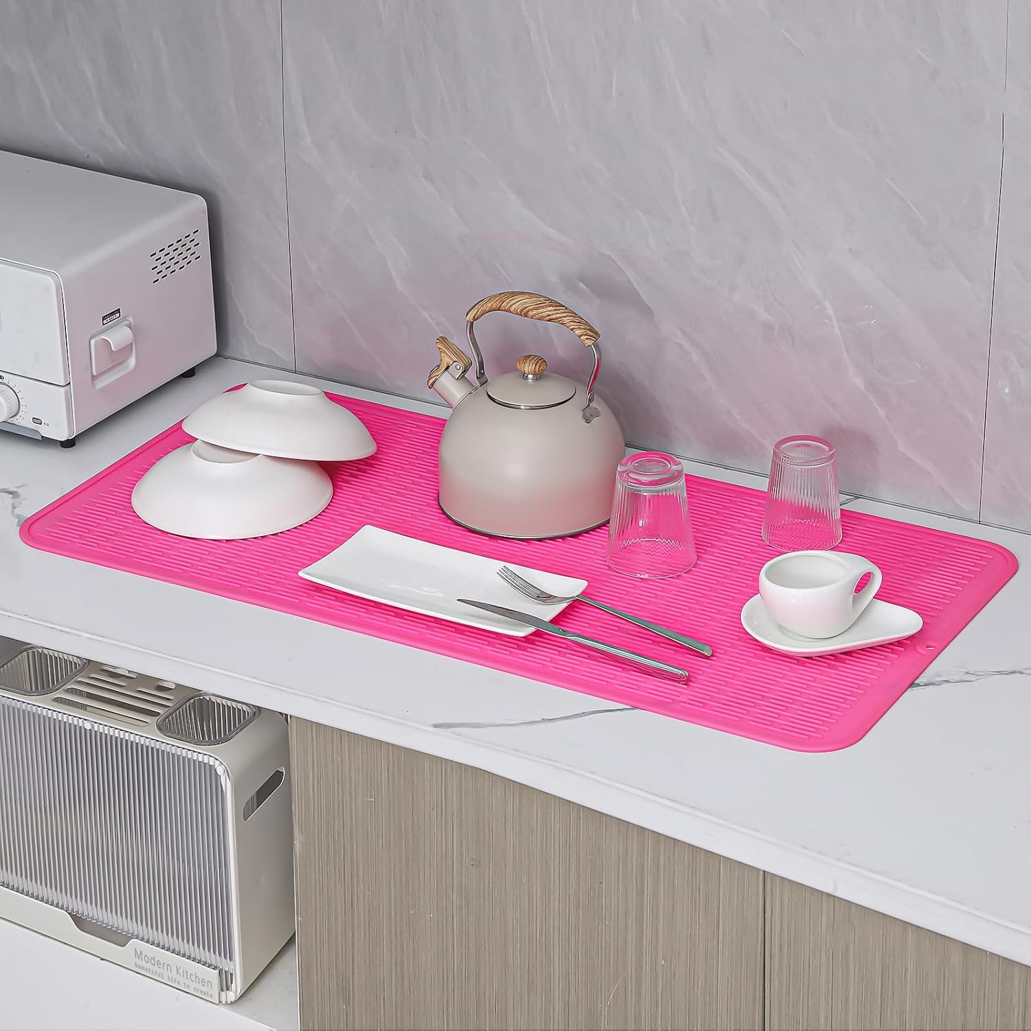 Silicone Dish Drying Mat for Multiple Usage,Easy clean,Eco-friendly,Heat-resistant Silicone Mat for Kitchen Counter or Sink,Refrigerator or Drawer Liner Rose 5XL 36inches x 18inches