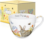 20 oz Rabbit Coffee Hug Mug, Spring Flowers & "Happy Days" Slogan, Premium Bone China Cute Bunny Mug, Perfect Holiday and Birthday Gift for Women, Designed in England by Harvest Green Studio