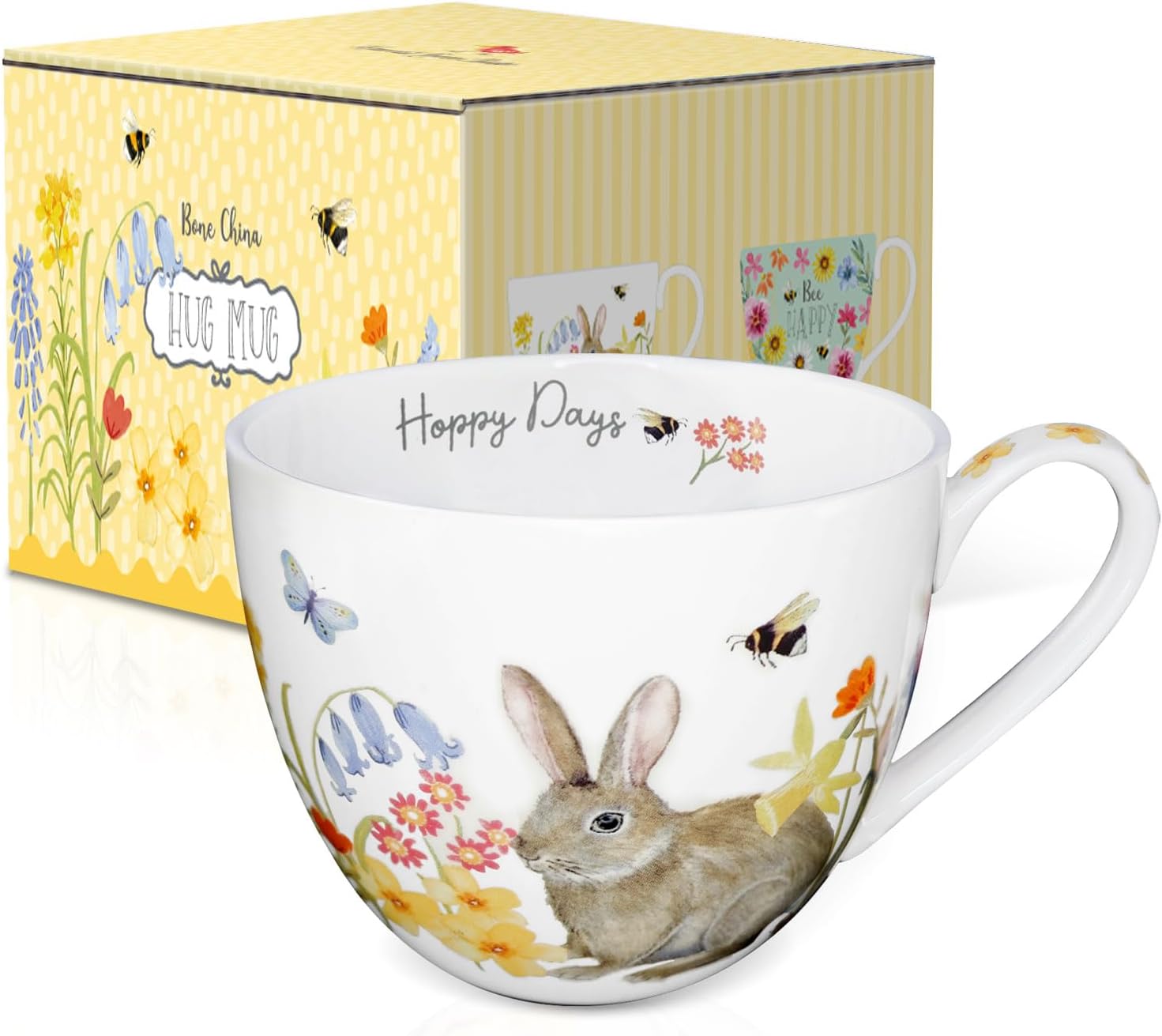 20 oz Rabbit Coffee Hug Mug, Spring Flowers & "Happy Days" Slogan, Premium Bone China Cute Bunny Mug, Perfect Holiday and Birthday Gift for Women, Designed in England by Harvest Green Studio