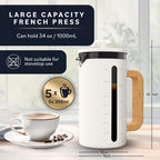 Home Hero French Press Coffee Maker - 34 oz Coffee Press with Bamboo Wood Handle, Heat Resistant Thick Borosilicate Glass French Presses, 4 Layer Filter, French Press Stainless Steel (Light Cream)