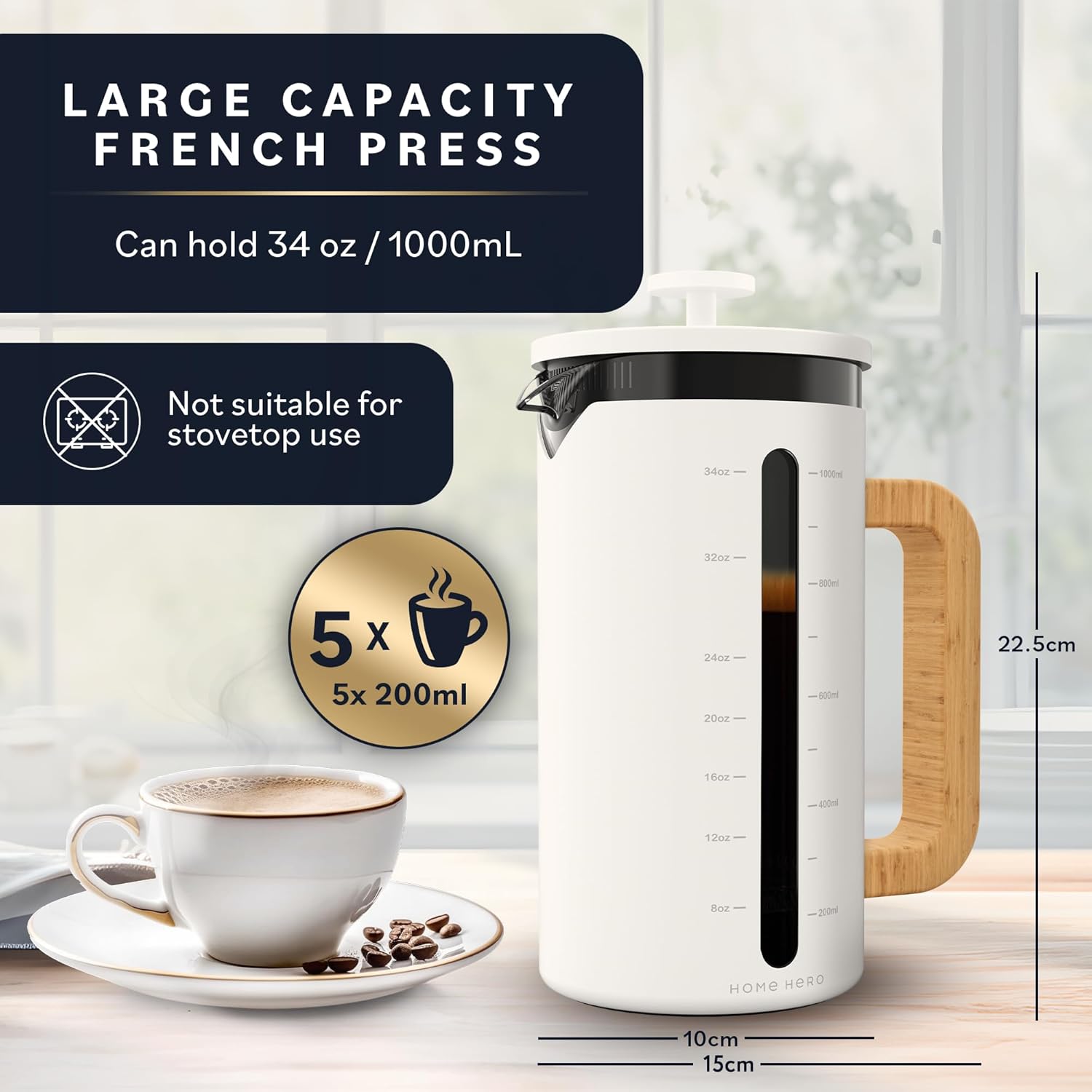 Home Hero French Press Coffee Maker - 34 oz Coffee Press with Bamboo Wood Handle, Heat Resistant Thick Borosilicate Glass French Presses, 4 Layer Filter, French Press Stainless Steel (Light Cream)