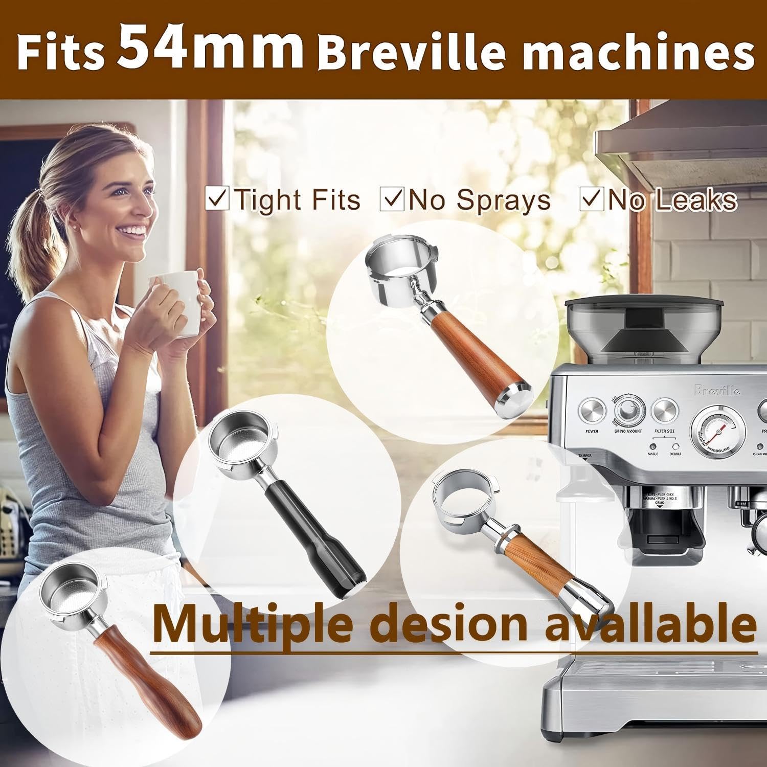 54mm Coffee Bottomless Portafilter, Compatible with Breville Barista Bes 870/878/880/876/840/810/500/450 Replacement Parts Bottomless Portafilter(Walnut)