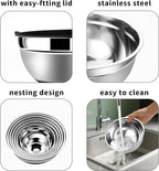 Lazycorner Mixing Bowls with Airtight Lids Set 5 Pcs Stainless Steel Bowls Set Baking Set Non-Slip Silicone Bottoms Great for Serving & Baking