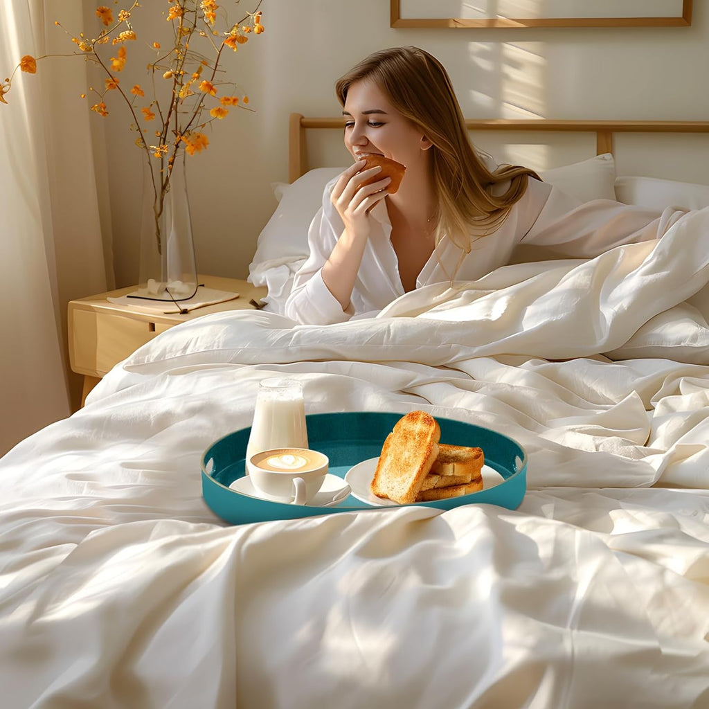 MAONAME 13" Round Tray, Teal Serving Trays with Handles, Modern Decorative Trays for Coffee Table, Plastic Ottoman Tray for Ottoman, Bathroom, Decor