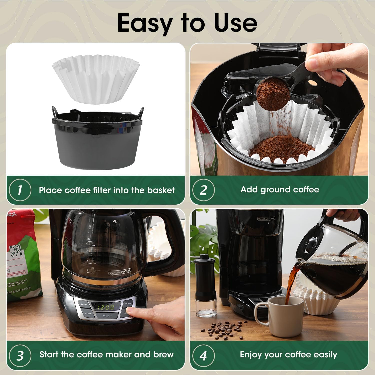 Basket Coffee Filters 8-12 Cup, 100 Count Flat Bottom Paper Filters for Drip Coffee Makers, Compatible with Mr. Coffee, BLACK+DECKER, Cuisinart, White