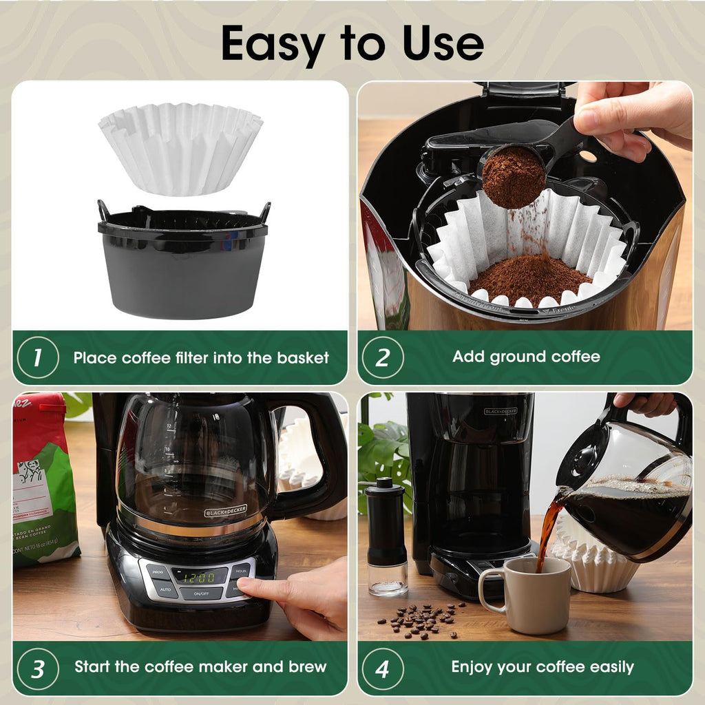 Basket Coffee Filters 8-12 Cup, 200 Count Flat Bottom Paper Filters for Drip Coffee Makers, Compatible with Mr. Coffee, BLACK+DECKER, Cuisinart, White