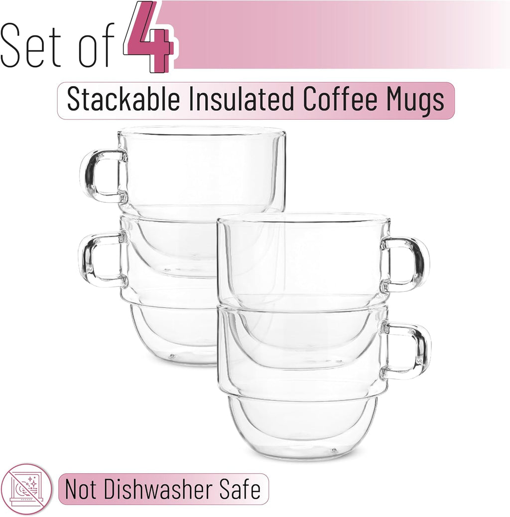 BTaT- Stackable Insulated Coffee Mugs, 4 Pack 16 oz(500 ml), Ideal for Hot and Cold Drinks, Stackable Cappuccino Cups, Double Wall Glass Coffee Cups, Tea Cups, Latte Cups, Beer Glasses, Latte Mug