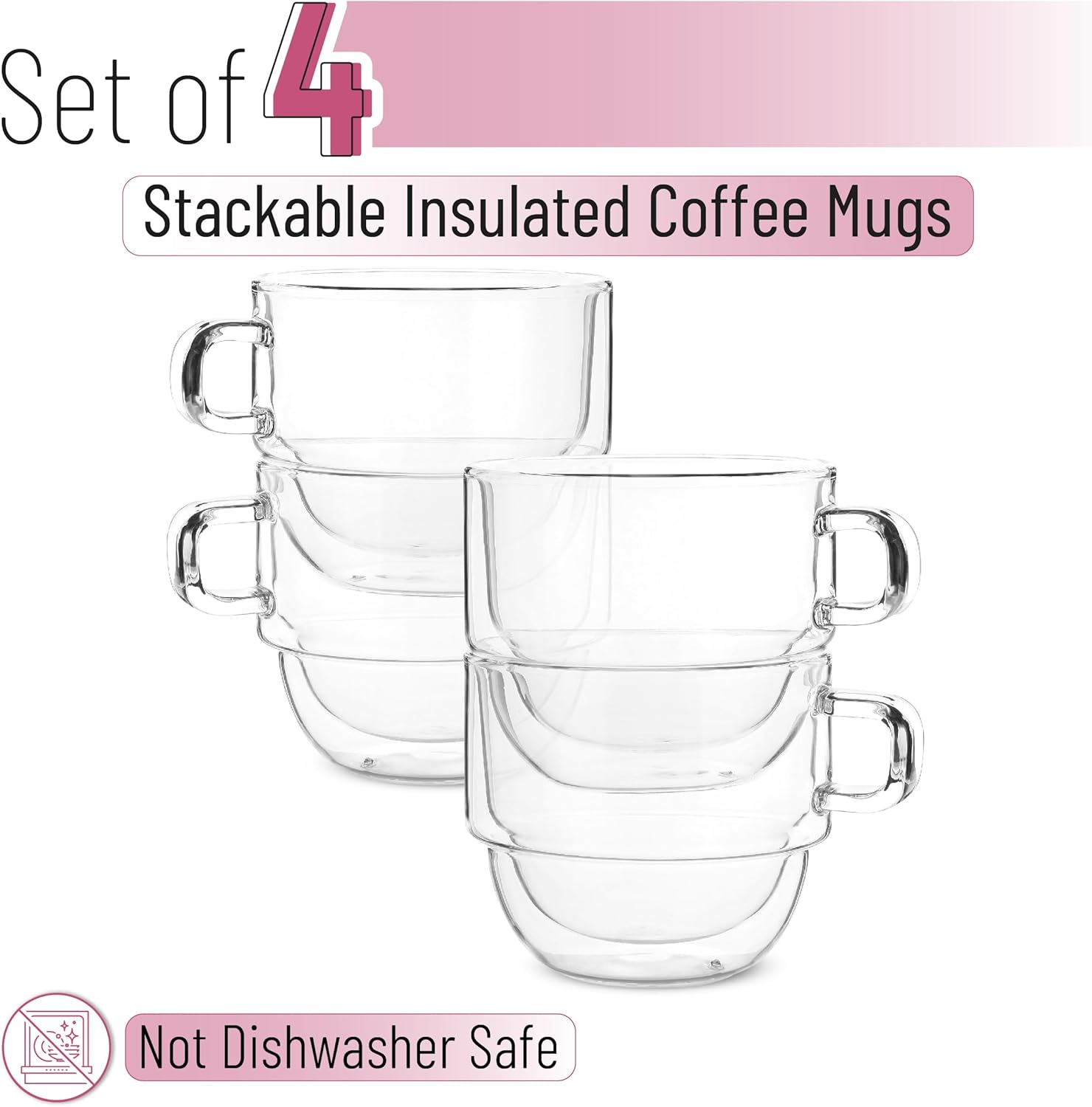 BTaT- Stackable Insulated Coffee Mugs, 4 Pack 16 oz(500 ml), Ideal for Hot and Cold Drinks, Stackable Cappuccino Cups, Double Wall Glass Coffee Cups, Tea Cups, Latte Cups, Beer Glasses, Latte Mug