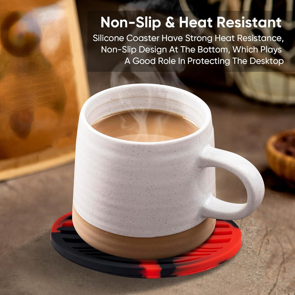 6 Pack Drink Coasters,Coasters for Drink with Holder,Non-Slip Silicone Cup Mat,Rubber Coaster Live for Hot or Cold Drink,Fits Any Size of Cups(Black Red)
