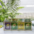 NCYP Glass Tea Bags Organizer with Lid, 8 Compartments Teabag Container, Indoor Counter Top Brass Display Case, 12" x 7.1" x 3.7" Teabag Storage Box, Gold Decor (Glass Box Only)