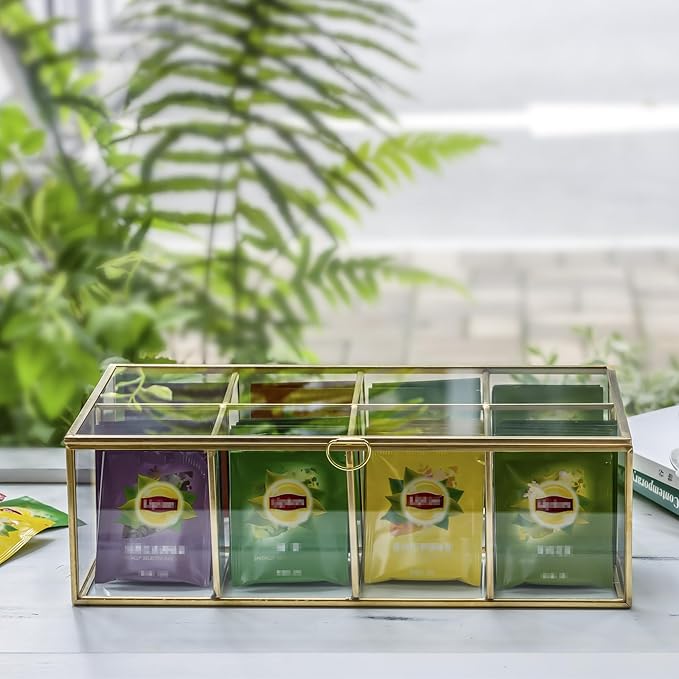 NCYP Glass Tea Bags Organizer with Lid, 8 Compartments Teabag Container, Indoor Counter Top Brass Display Case, 12" x 7.1" x 3.7" Teabag Storage Box, Gold Decor (Glass Box Only)