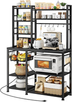 Baker Rack with Power Outlet - Microwave Stand with Storage, Large Coffee Bar Station with 14 Hooks, Metal Kitchen Shelf Rack for Spices, Pots (Rustic Black)