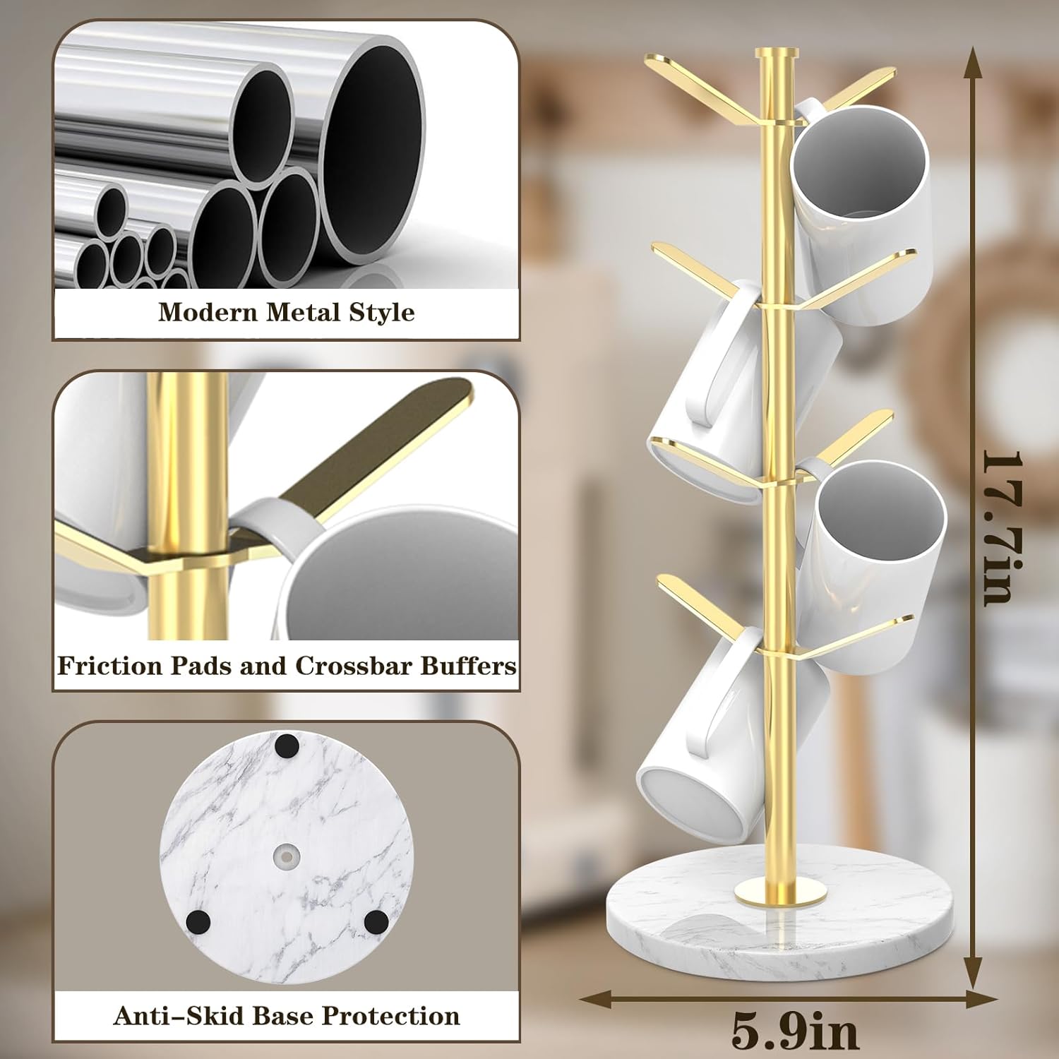 Marble Mug Holder Tree with 8 Hooks, Stainless Steel Coffee Cup Holder, Non-Slip Silicone Pads, Heavy Duty Marble Base, Countertop Organizer for Kitchen & Cafe, Gold