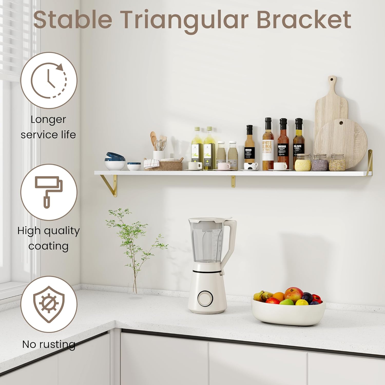 Dreamland 8 inch Deep Floating Shelves for Wall, 55 inch Long White Wall Mounted Shelves Set of 2, Wide Ledge Shelf with Gold Sturdy Metal Brackets for Living Room, Bathroom, Bedroom and Kitchen