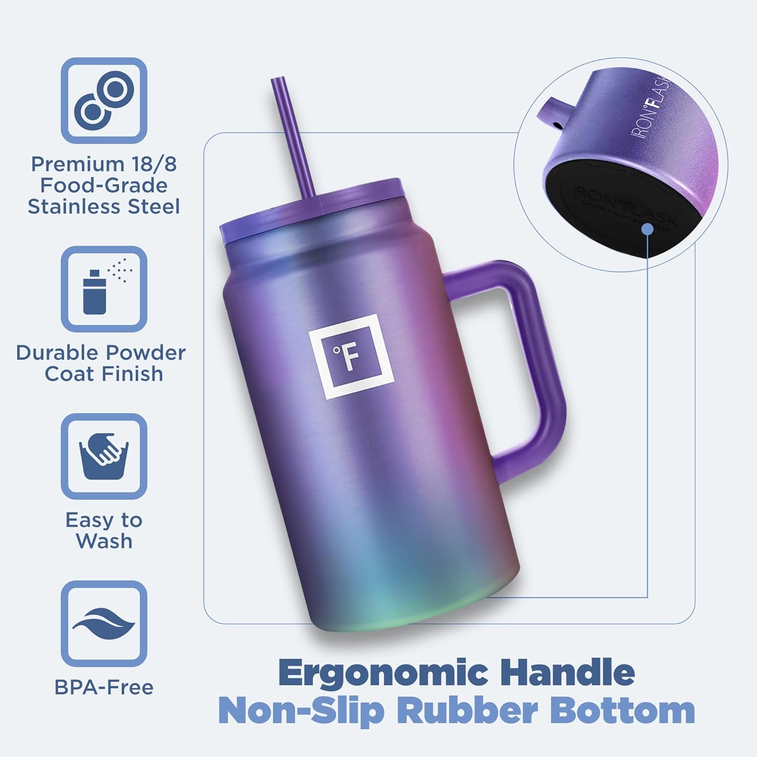 IRON °FLASK Co-Pilot Insulated Mug w/Straw & Flip Cap Lids - Cup Holder Bottle for Hot, Cold Drink - Leak-Proof - Water, Coffee Portable Travel Mug - Lavender, 50 Oz